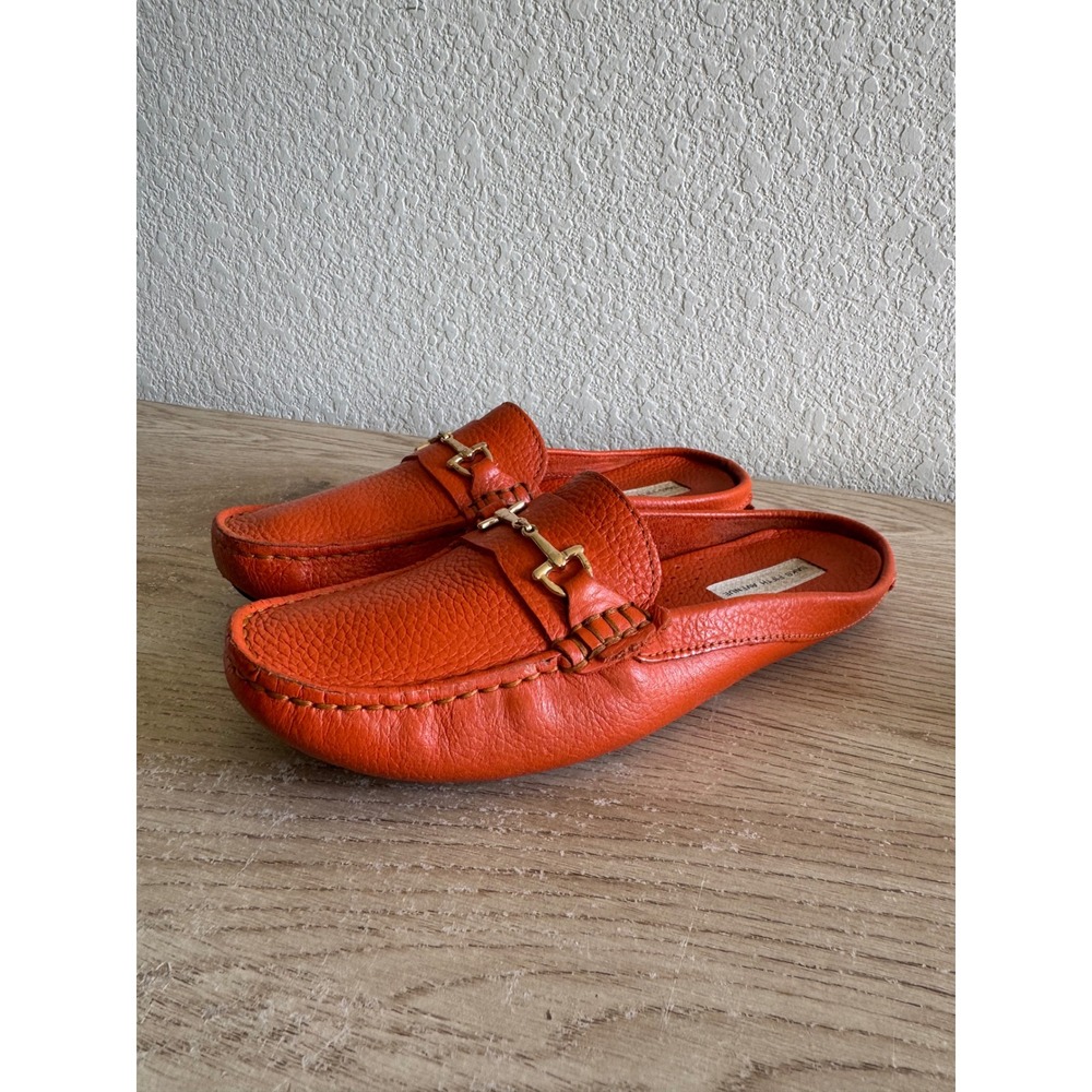 Saks Fifth Avenue Orange Pebbled Leather Horsebit Mule Loafers 6.5B Driving Shoe
